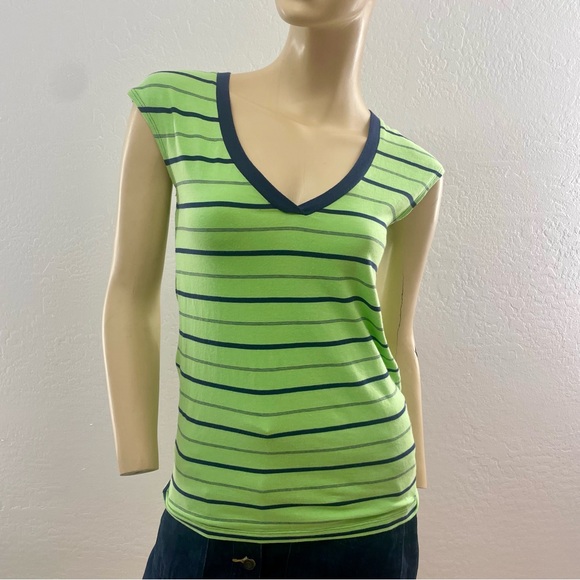 Theory- bright green and blue striped v neck tank- small - Picture 7 of 12